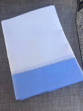 100% Linen White & blue hemstitched square table cloth
